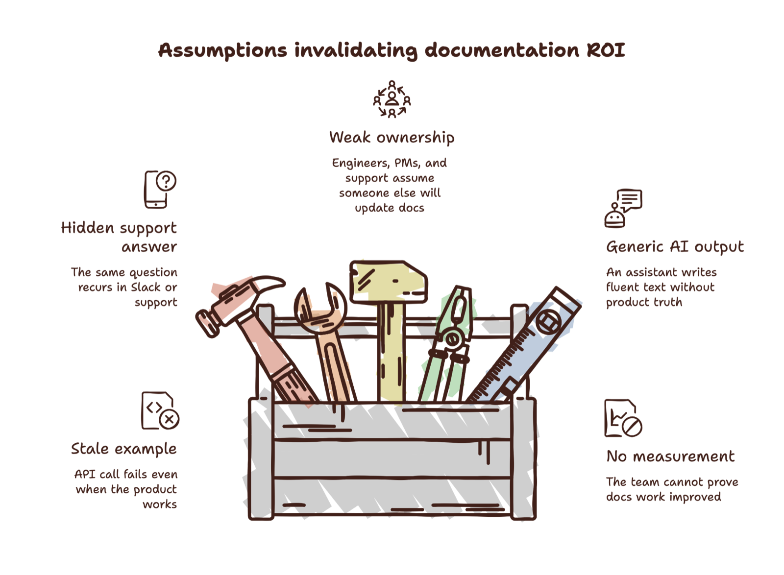 Toolbox illustration labeled Assumptions invalidating documentation ROI, listing hidden support answers, weak ownership, generic AI output, stale examples, and no measurement